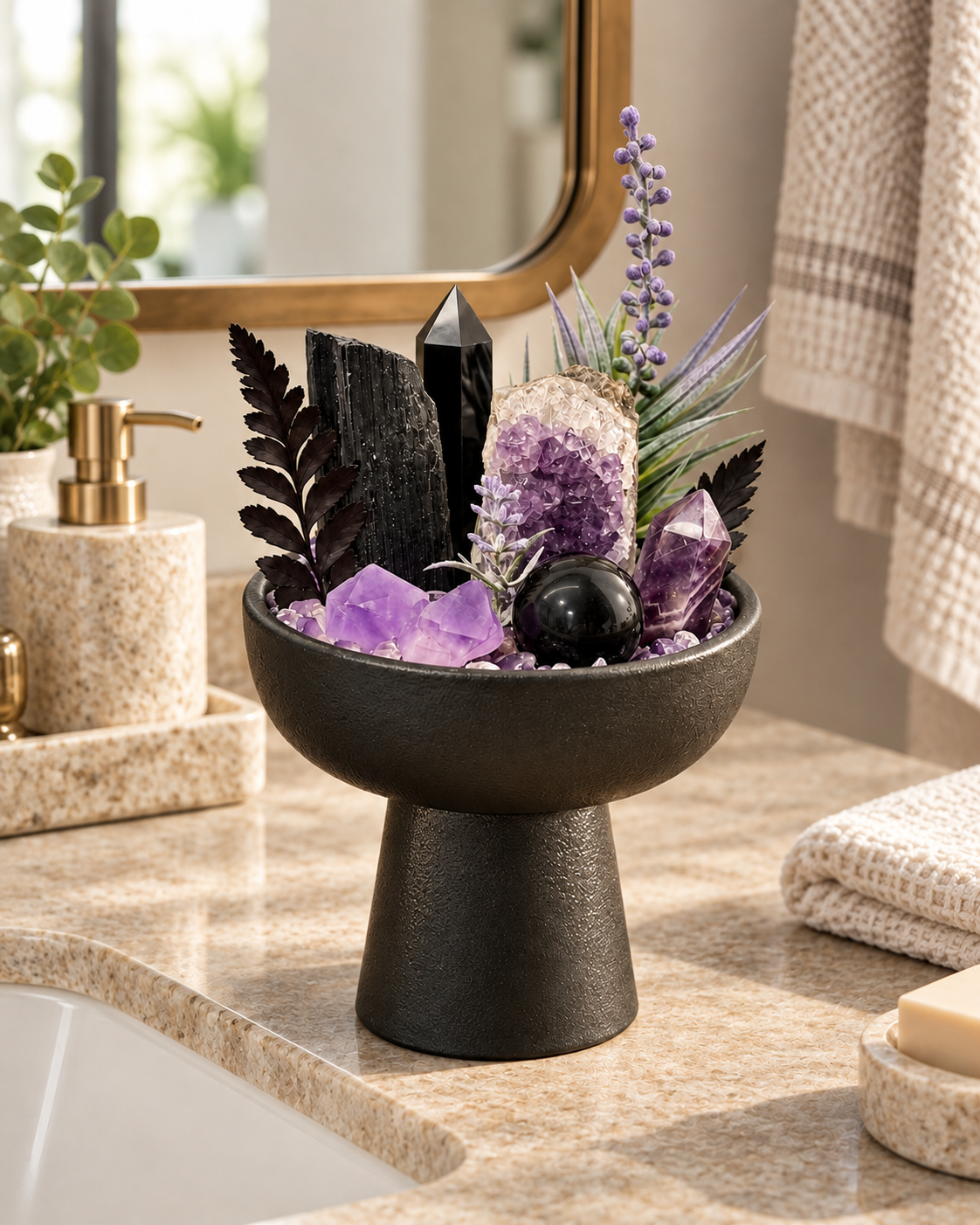 Violet Sentinel — Black Tourmaline & Amethyst Crystal Garden