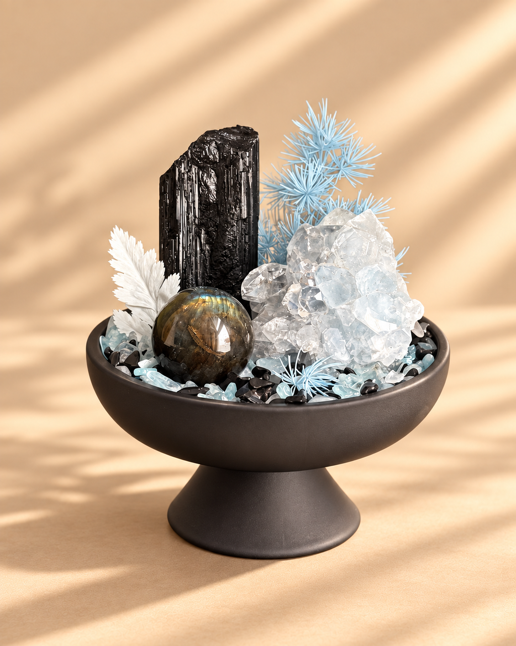 Gilded Guardian — Black Tourmaline & Clear Quartz Crystal Garden