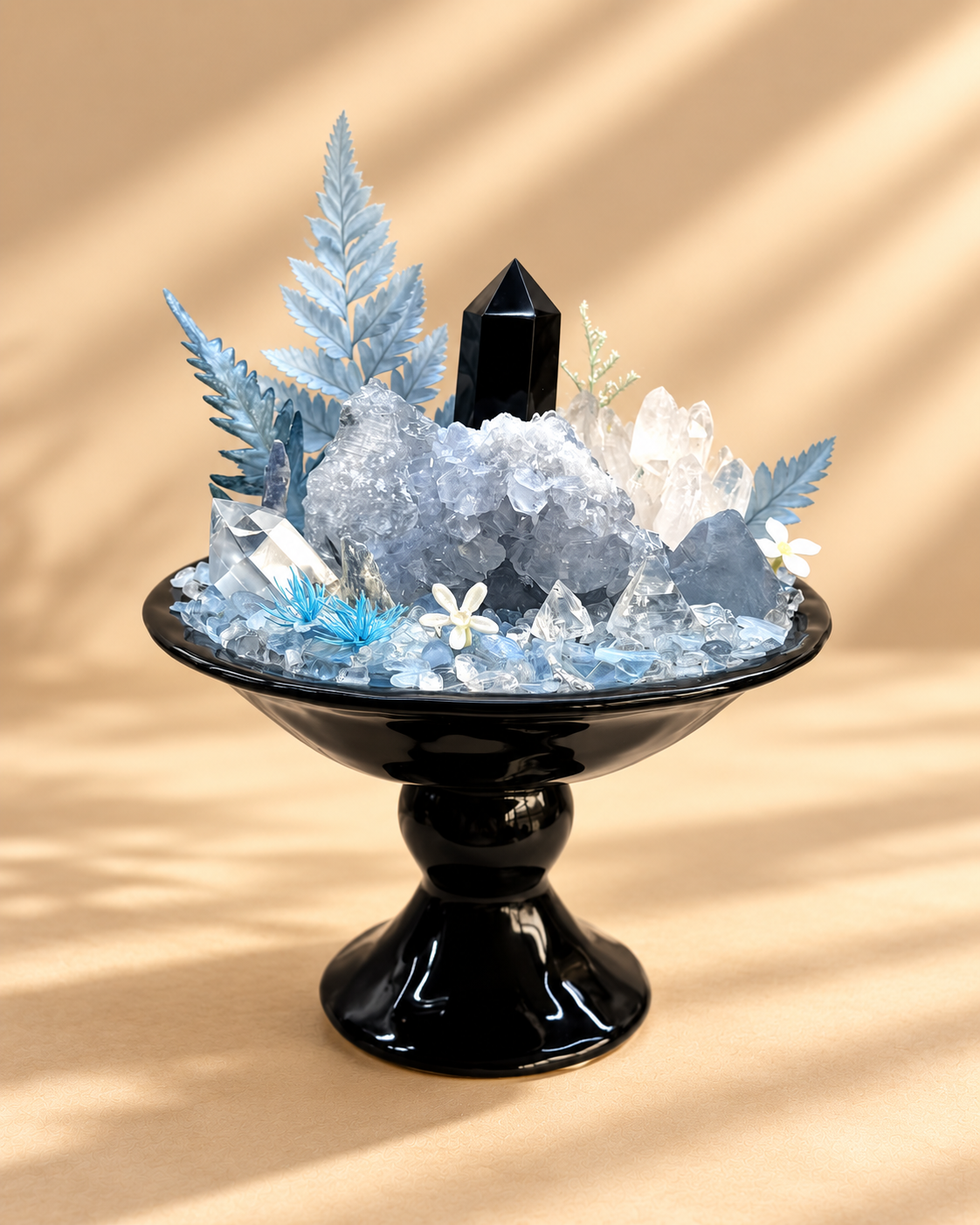 Midnight Frost — Celestite & Black Obsidian Crystal Garden