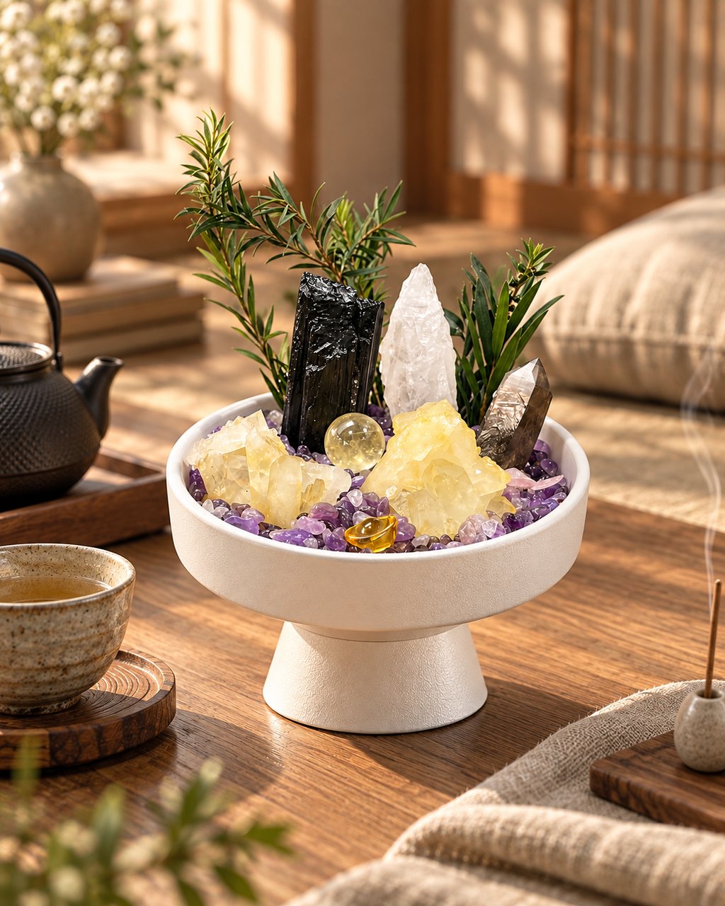 Golden Shadow — Black Tourmaline & Smoky Quartz Crystal Garden