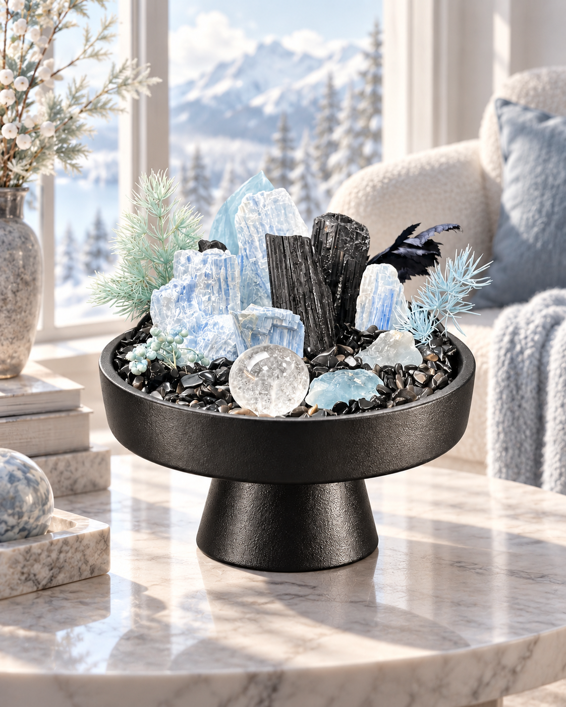 Icy Sentinel — Black Tourmaline & Clear Quartz Crystal Garden