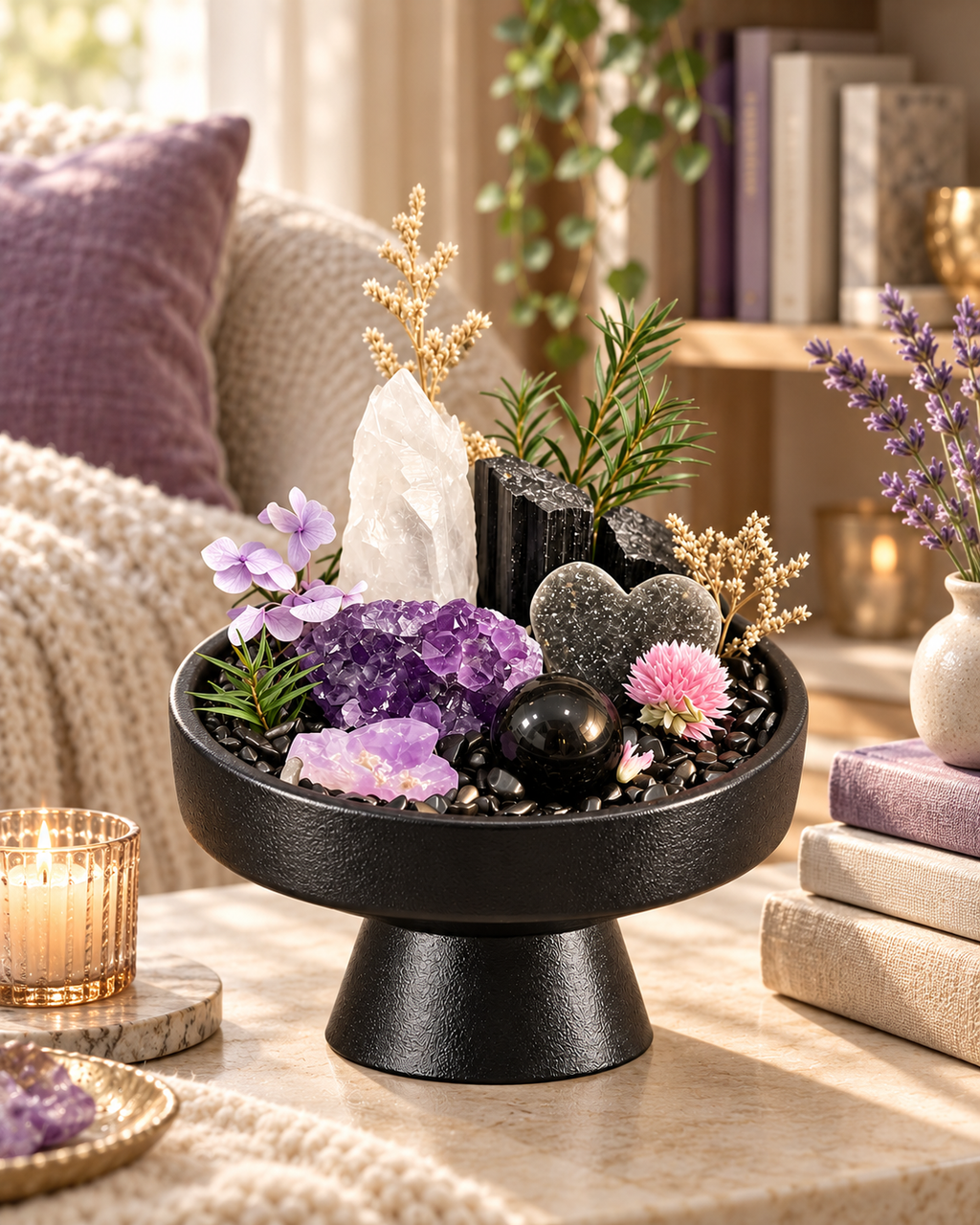 Quiet Contrast — Amethyst & Black Tourmaline Crystal Garden