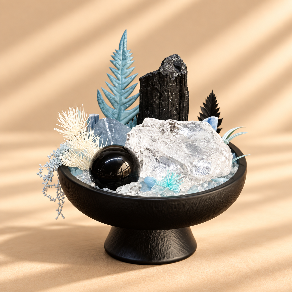 Frosted Sentinel — Black Tourmaline & Clear Quartz Crystal Garden