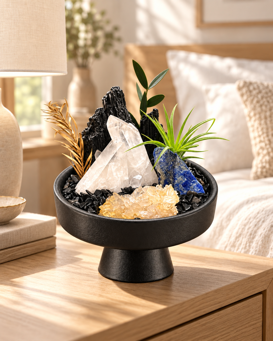 Sapphire Edge — Black Tourmaline & Clear Quartz Crystal Garden