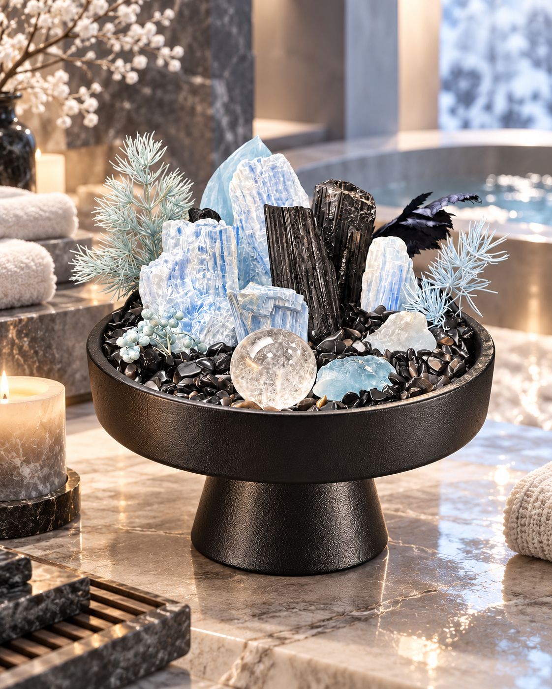 Icy Sentinel — Black Tourmaline & Clear Quartz Crystal Garden