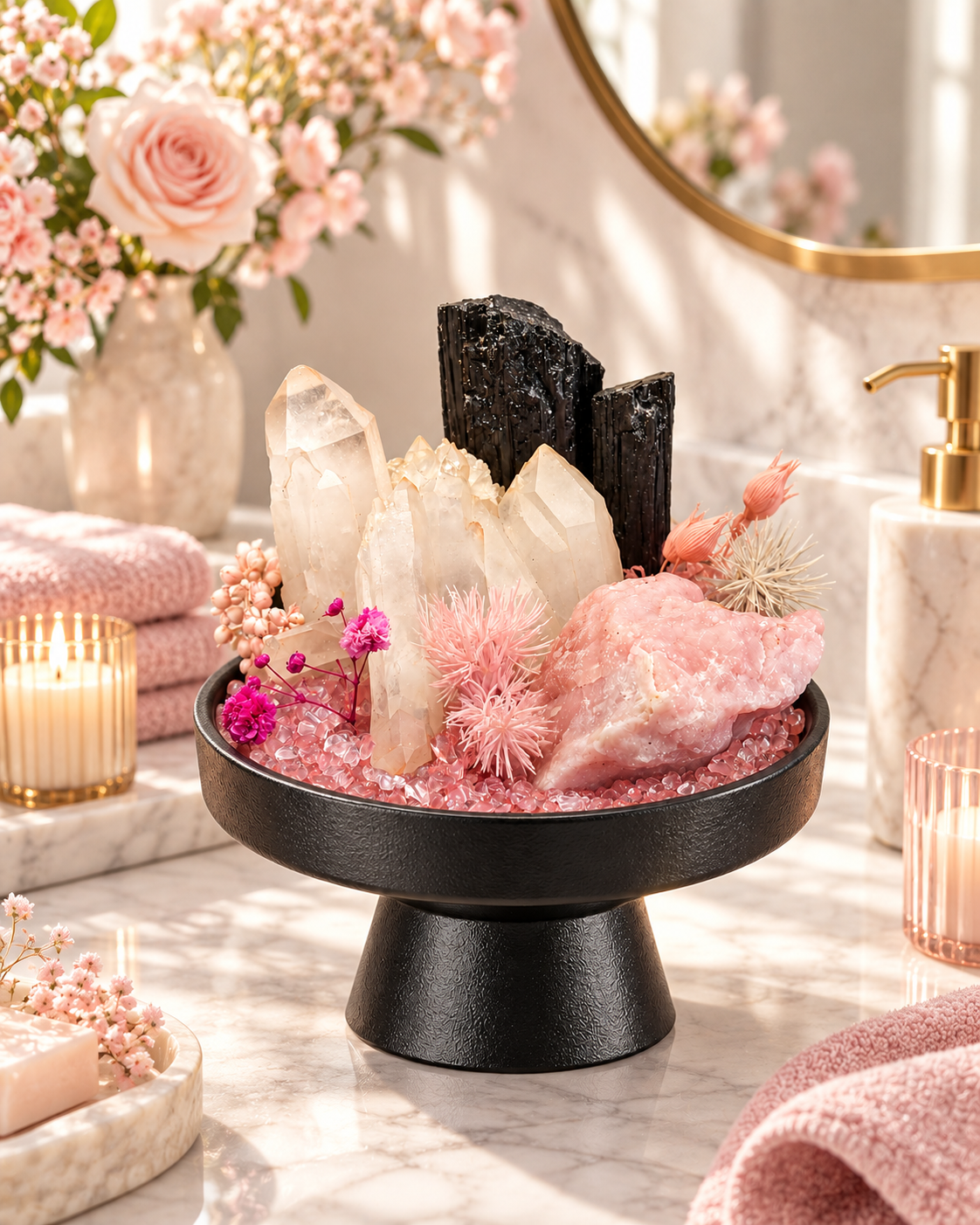 Blush Contrast — Clear Quartz & Black Tourmaline Crystal Garden