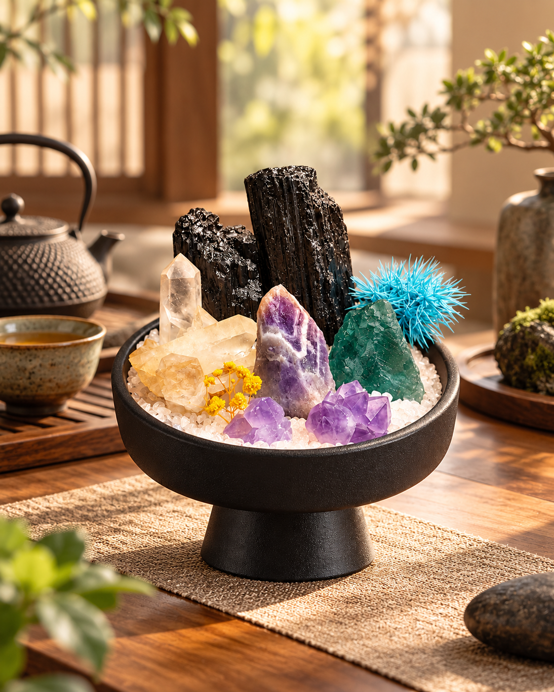 Fourfold Horizon — Black Tourmaline & Amethyst Crystal Garden