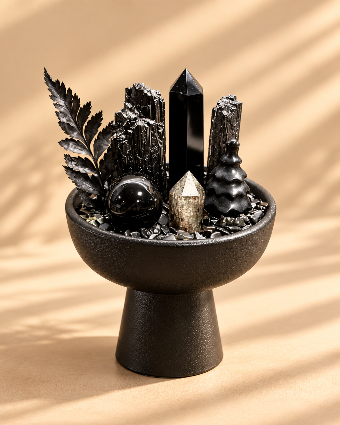 Obsidian Bastion — Black Tourmaline & Black Obsidian Crystal Garden