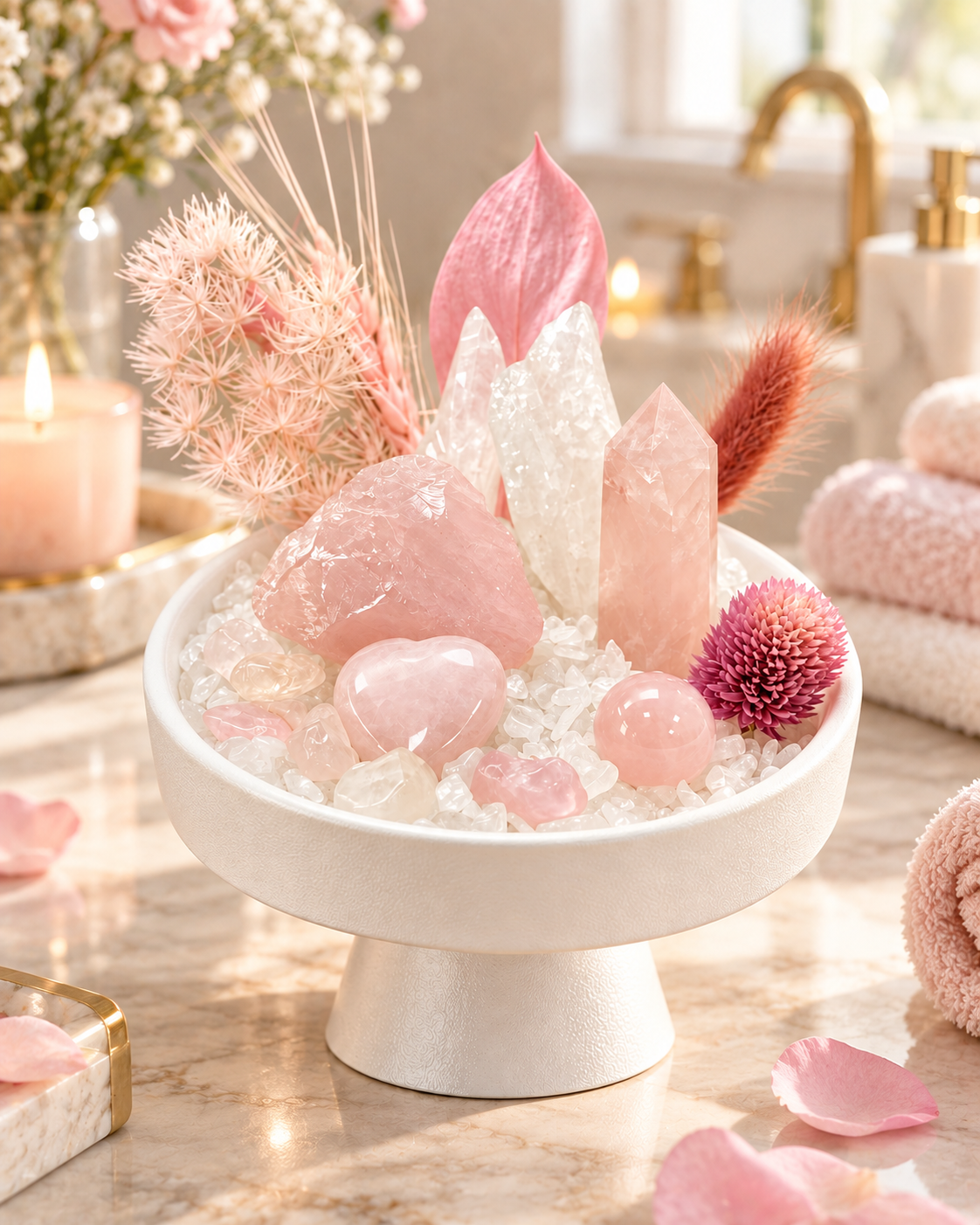 Blush Reverie — Rose Quartz & Clear Quartz Crystal Garden