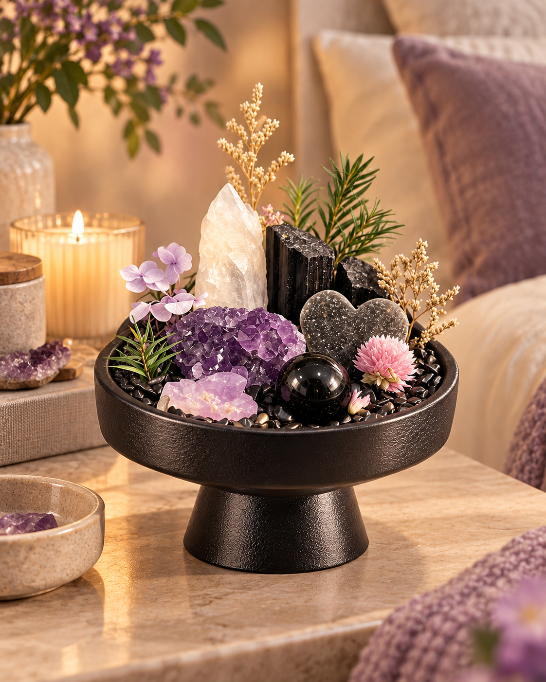 Quiet Contrast — Amethyst & Black Tourmaline Crystal Garden