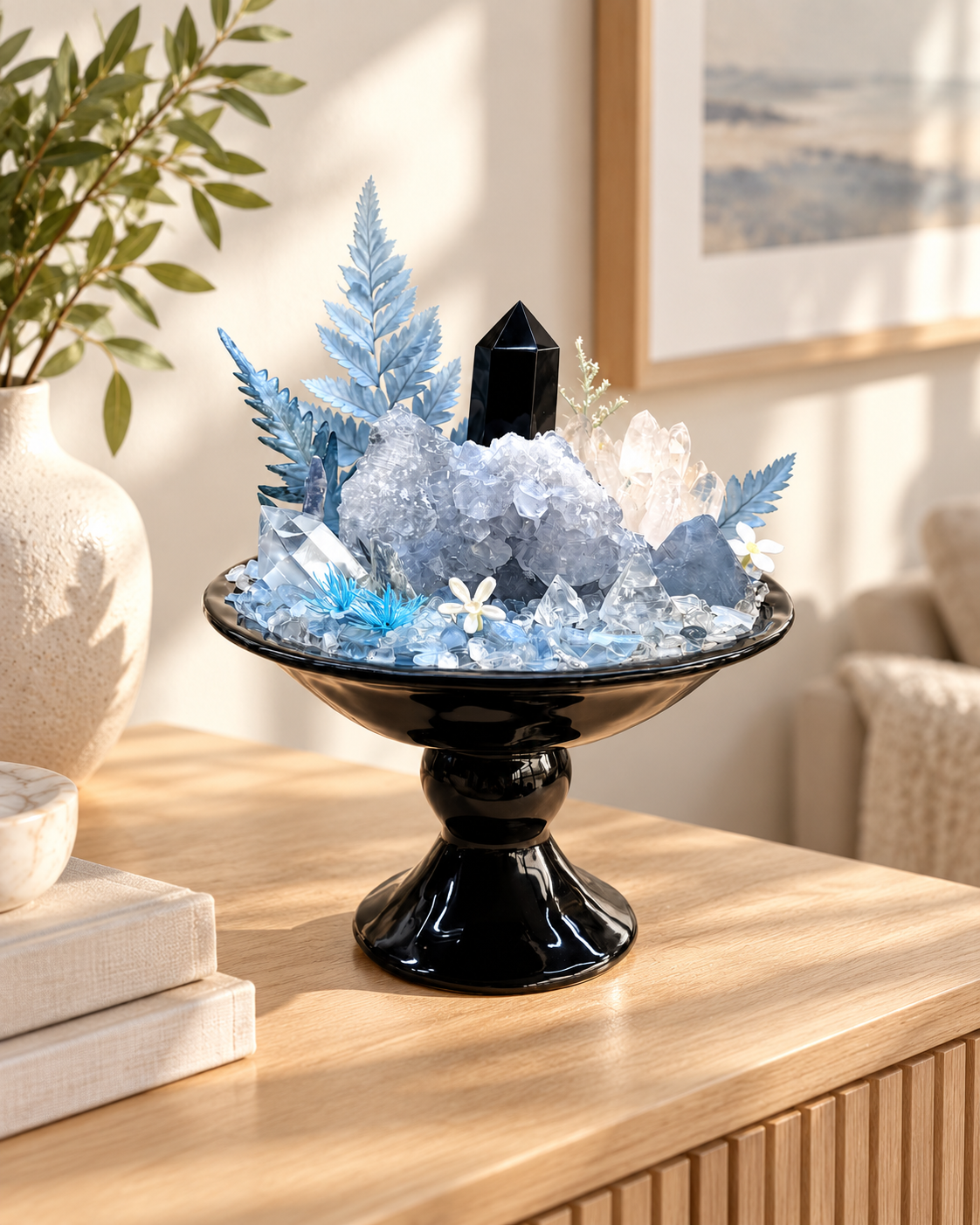 Midnight Frost — Celestite & Black Obsidian Crystal Garden