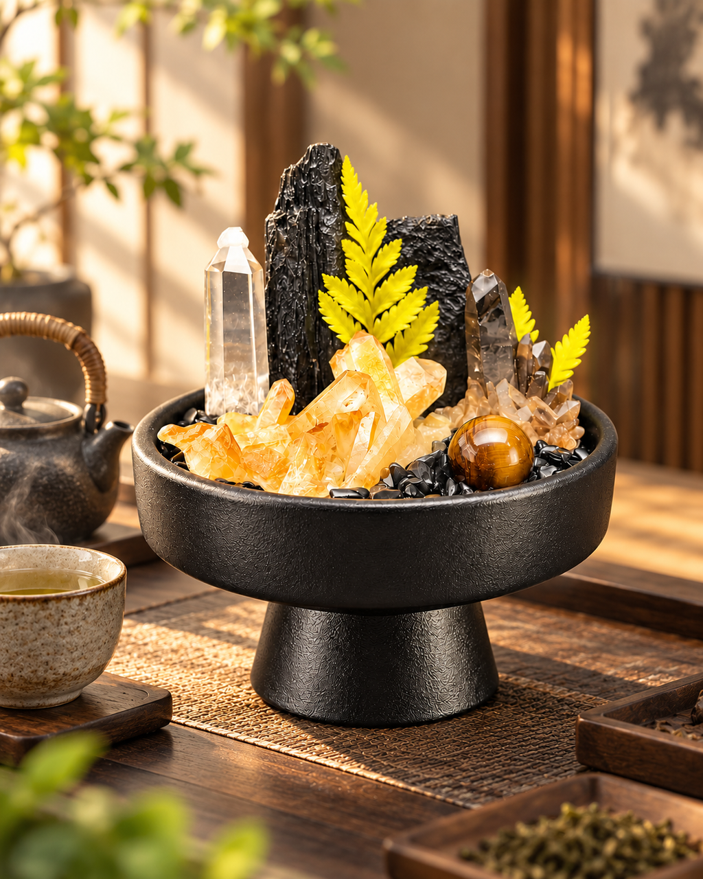 Amber Fortress — Black Tourmaline & Clear Quartz Crystal Garden