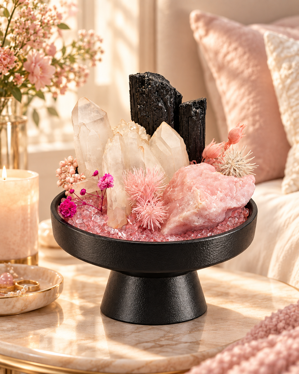 Blush Contrast — Clear Quartz & Black Tourmaline Crystal Garden