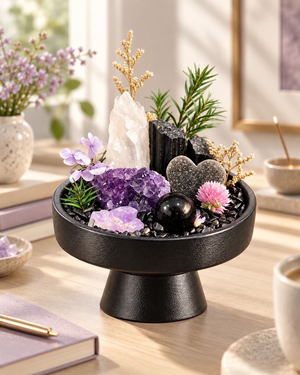 Quiet Contrast — Amethyst & Black Tourmaline Crystal Garden