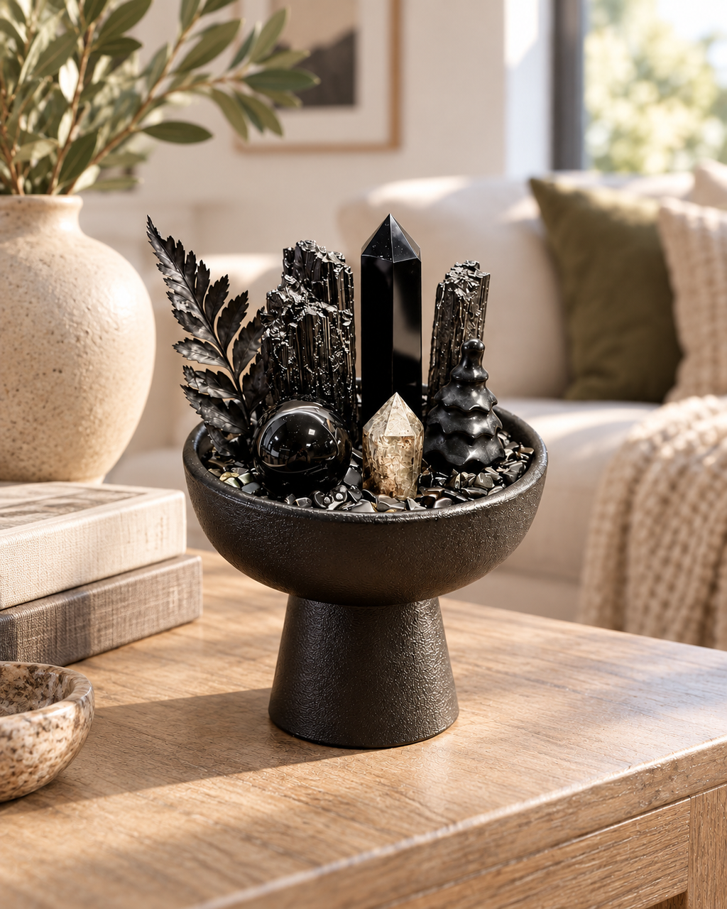 Obsidian Bastion — Black Tourmaline & Black Obsidian Crystal Garden
