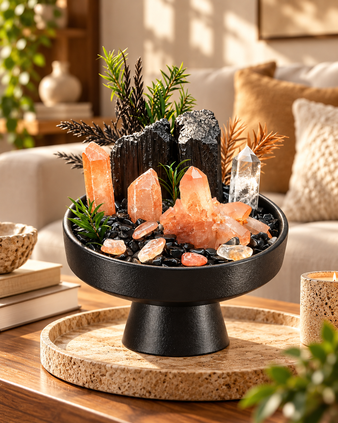 Peach Bastion — Black Tourmaline & Clear Quartz Crystal Garden