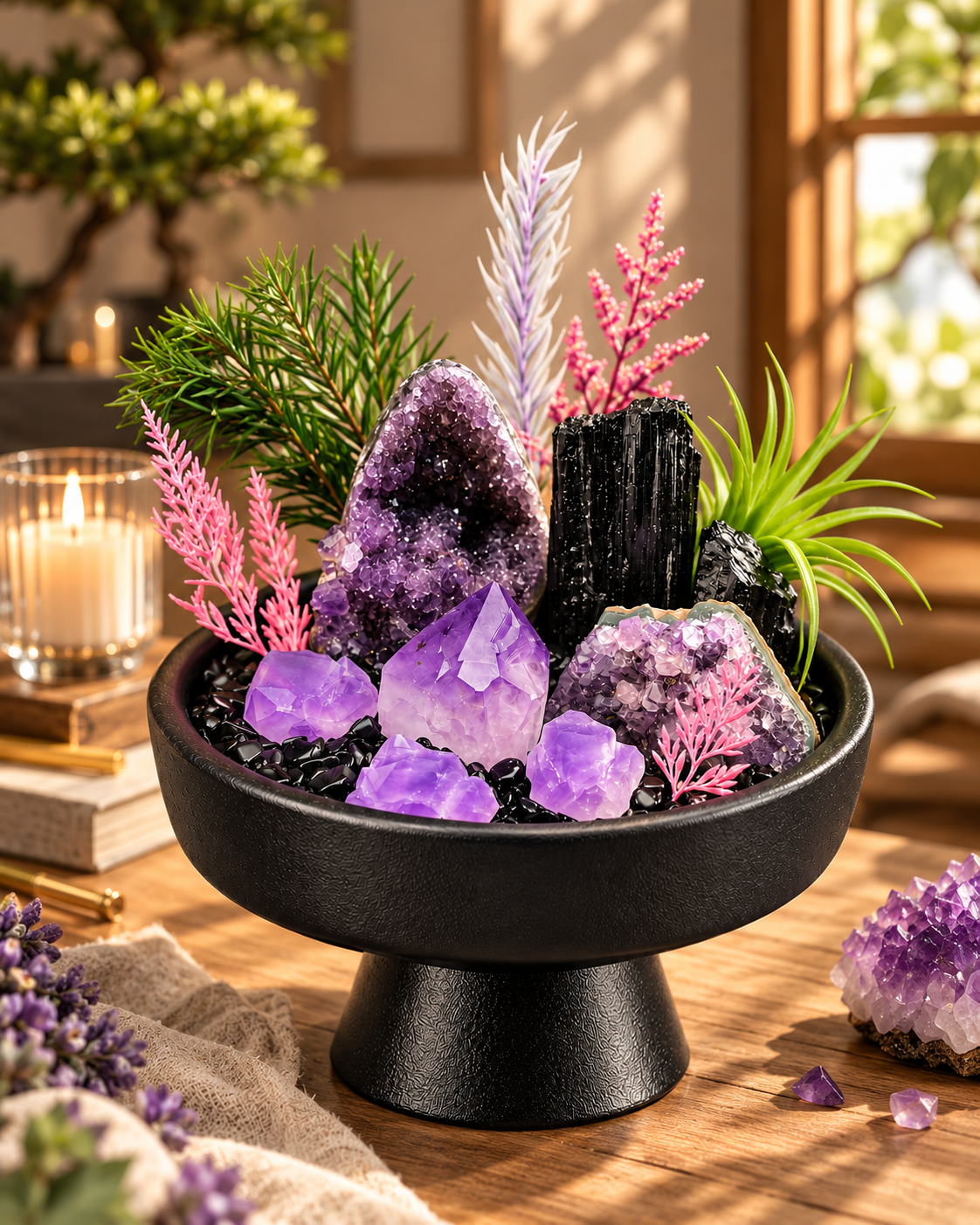 Violet Shelter — Amethyst & Black Tourmaline Crystal Garden