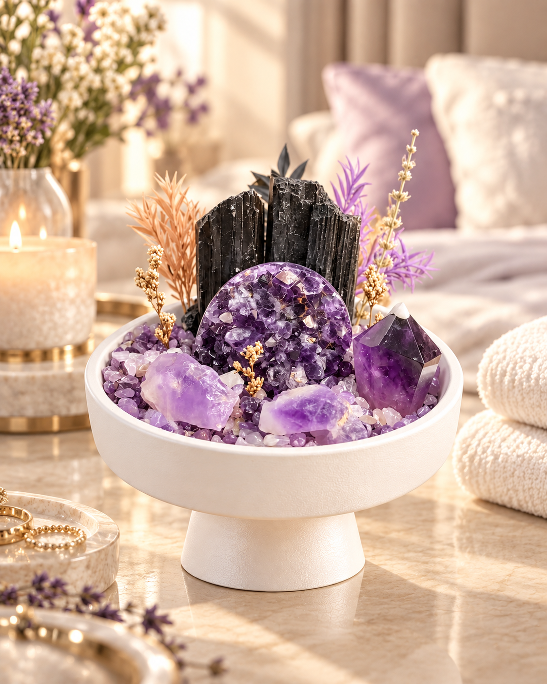 Violet Monolith — Black Tourmaline & Amethyst Crystal Garden
