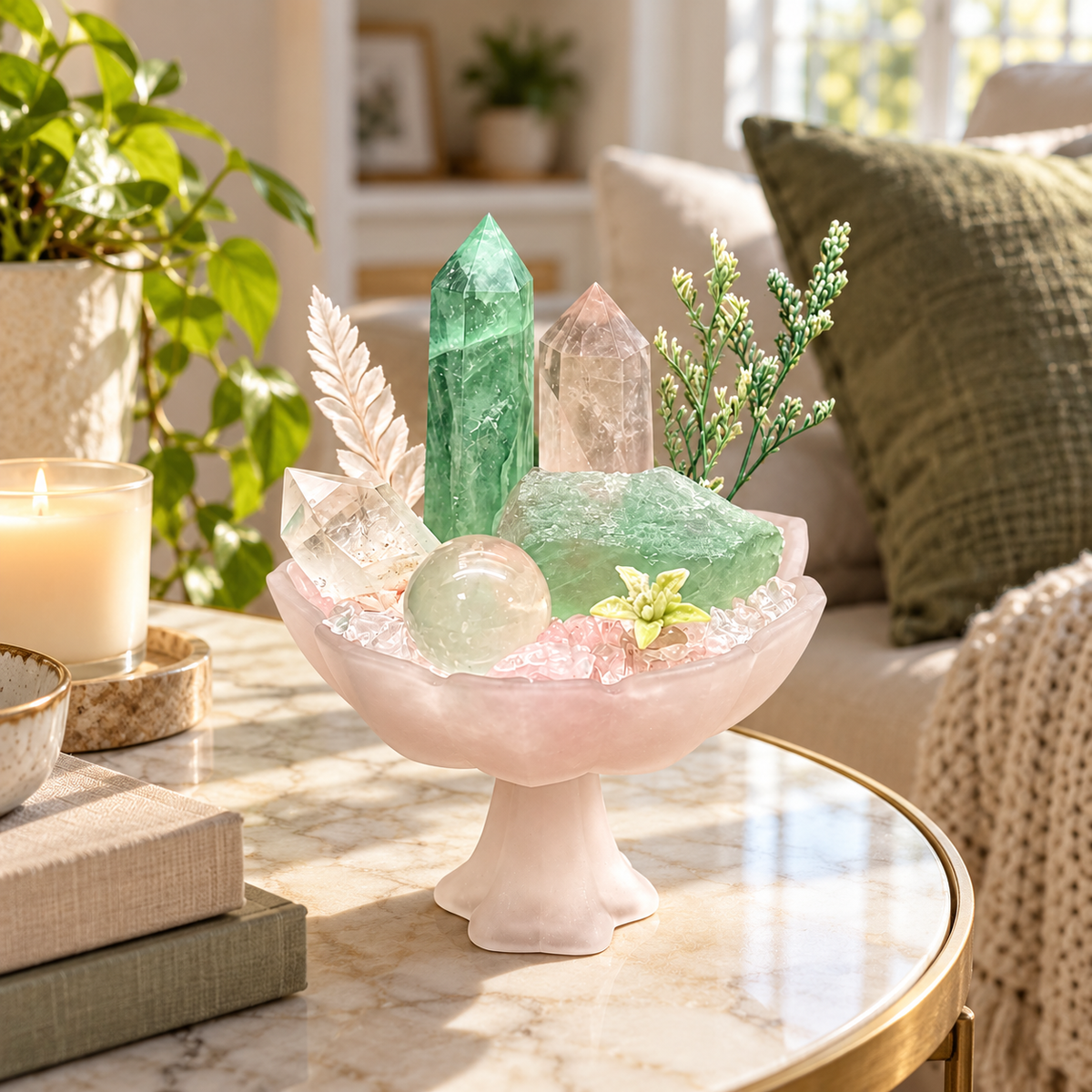 Verdant Dawn — Green Fluorite & Clear Quartz Crystal Garden