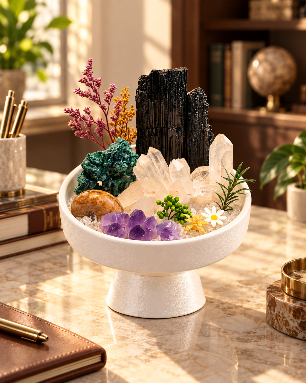 Verdant Sentinel — Black Tourmaline & Clear Quartz Crystal Garden