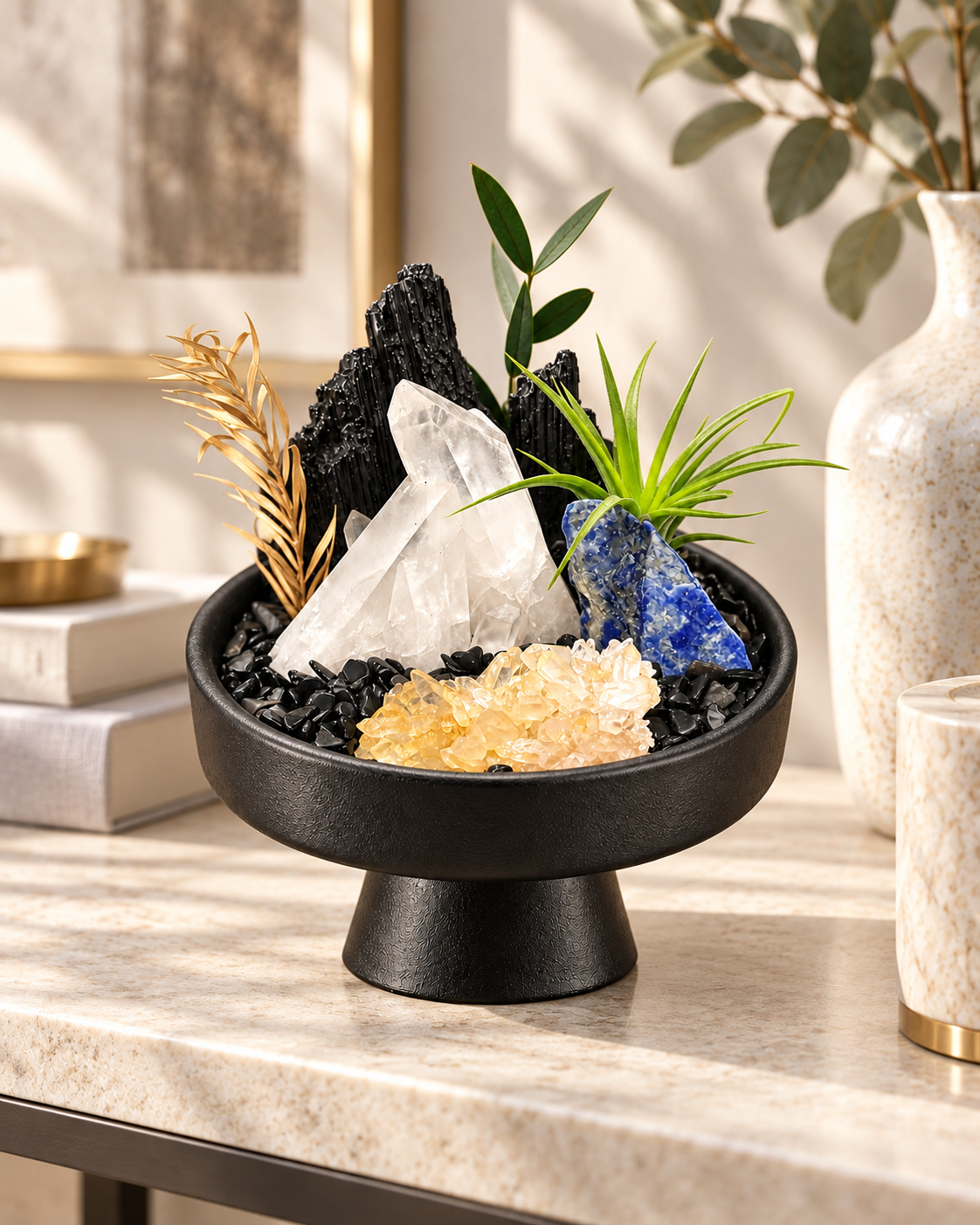 Sapphire Edge — Black Tourmaline & Clear Quartz Crystal Garden