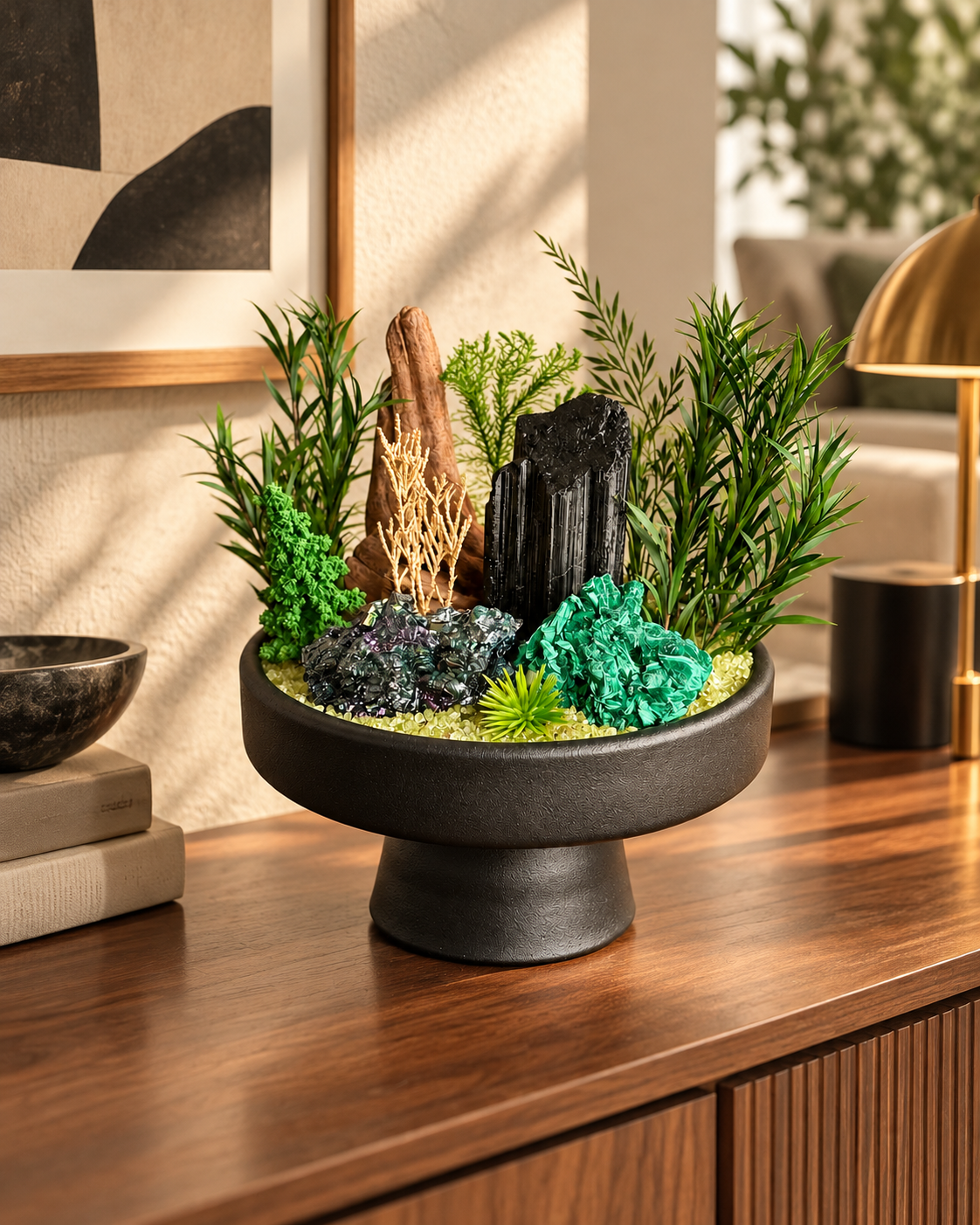 Forest Sentinel — Black Tourmaline & Malachite Crystal Garden