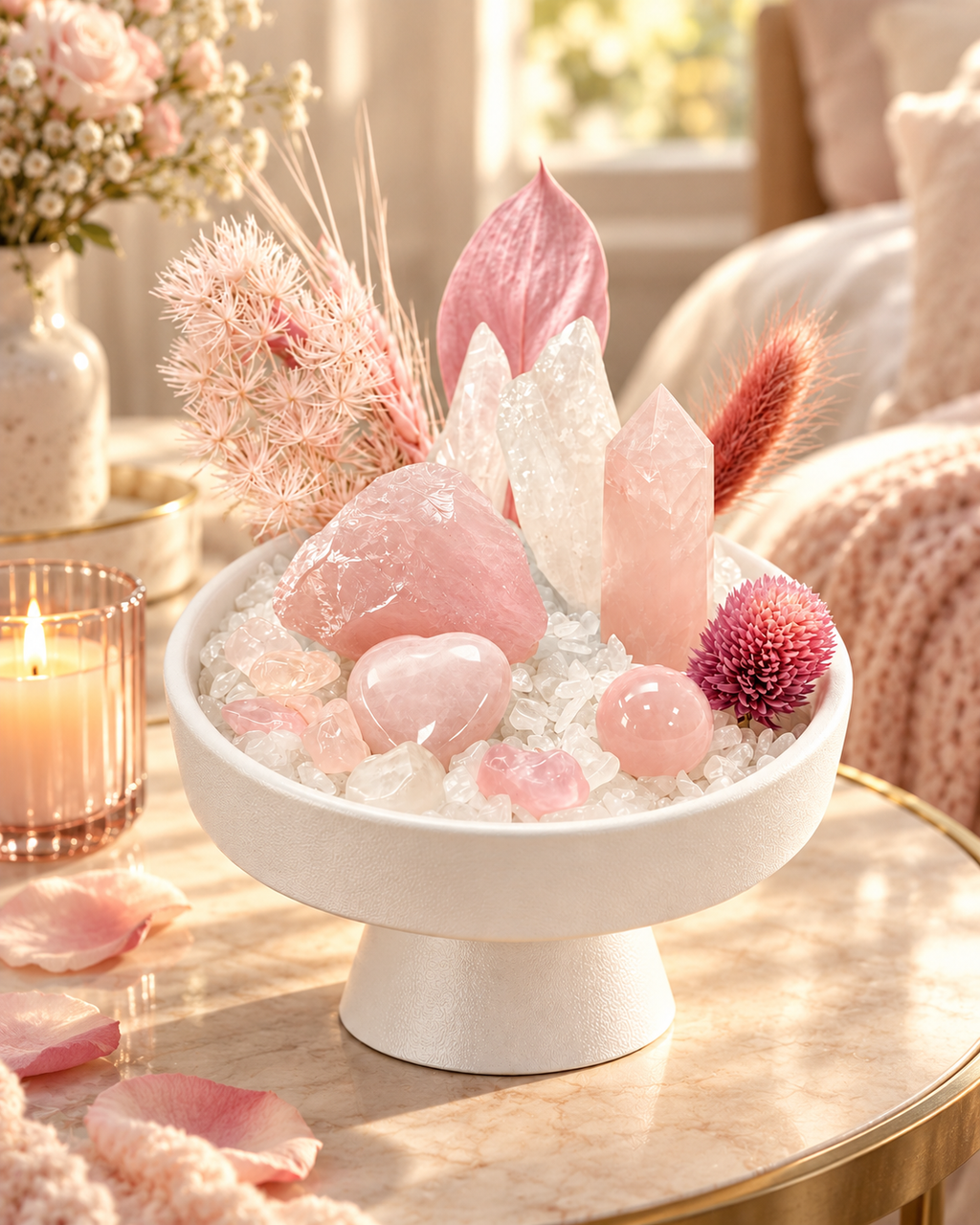 Blush Reverie — Rose Quartz & Clear Quartz Crystal Garden