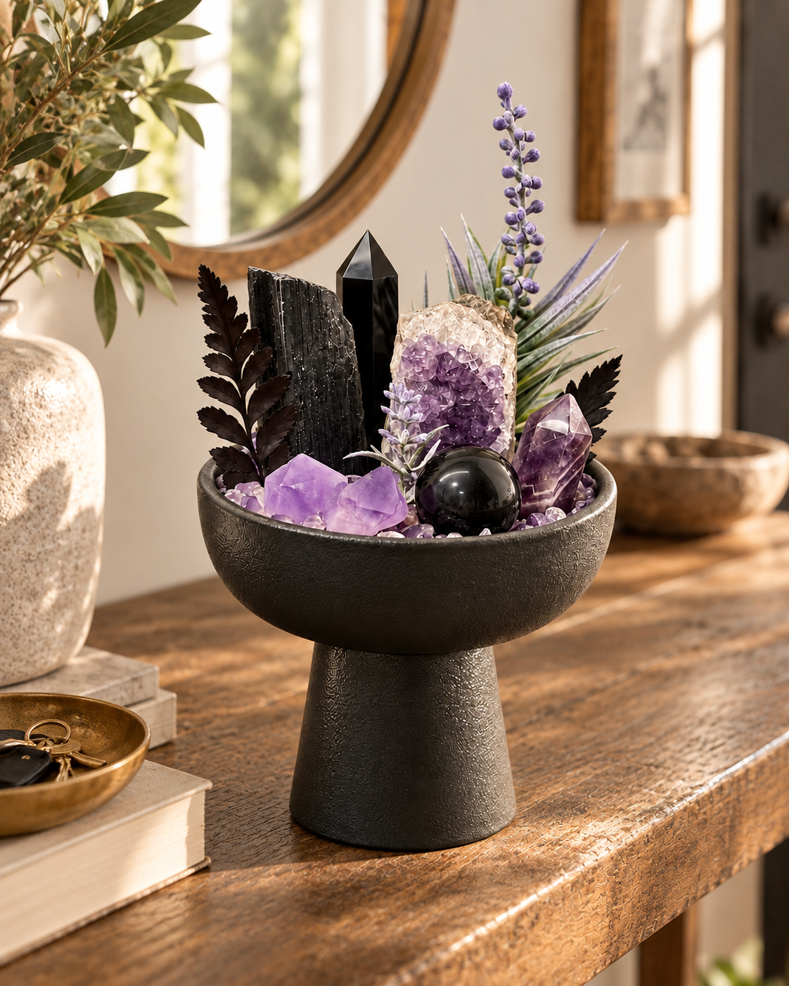 Violet Sentinel — Black Tourmaline & Amethyst Crystal Garden