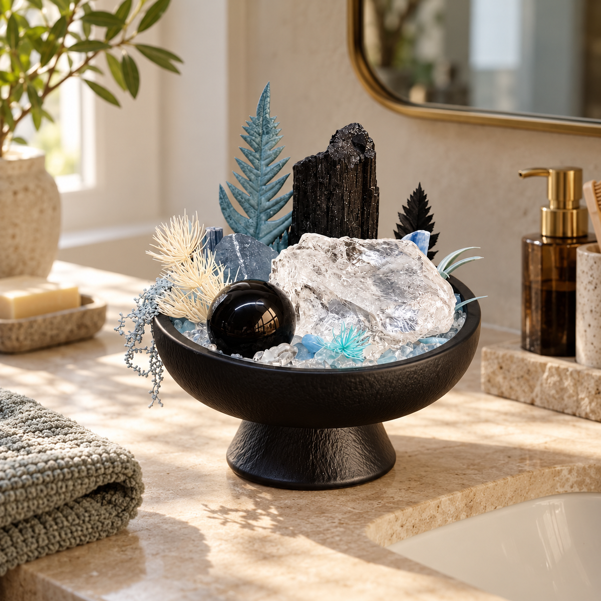 Frosted Sentinel — Black Tourmaline & Clear Quartz Crystal Garden
