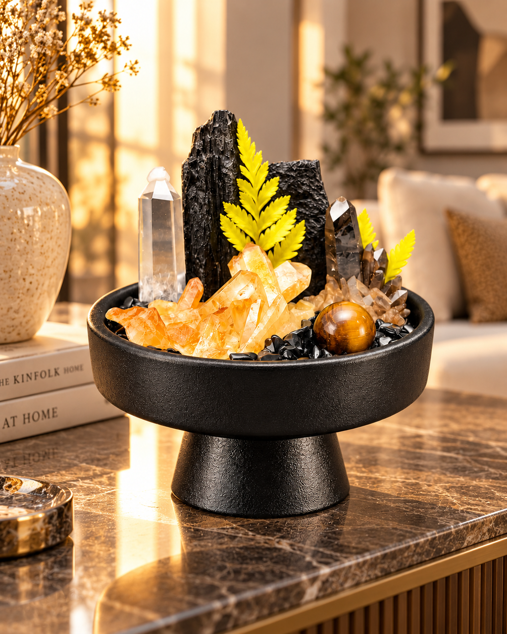 Amber Fortress — Black Tourmaline & Clear Quartz Crystal Garden