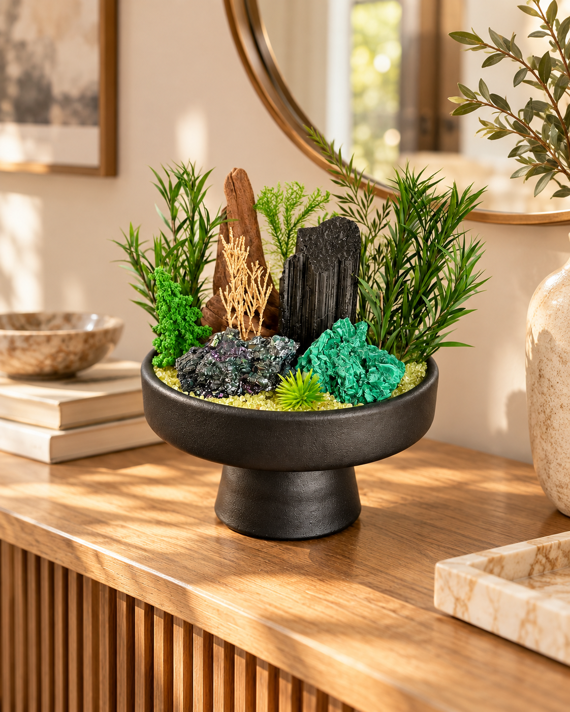 Forest Sentinel — Black Tourmaline & Malachite Crystal Garden
