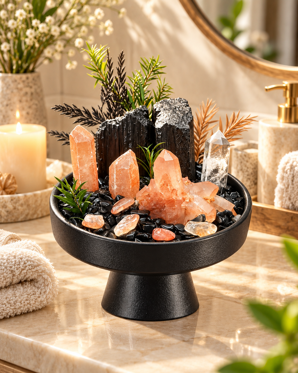 Peach Bastion — Black Tourmaline & Clear Quartz Crystal Garden