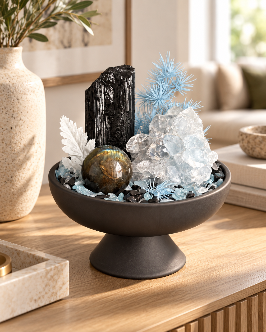 Gilded Guardian — Black Tourmaline & Clear Quartz Crystal Garden