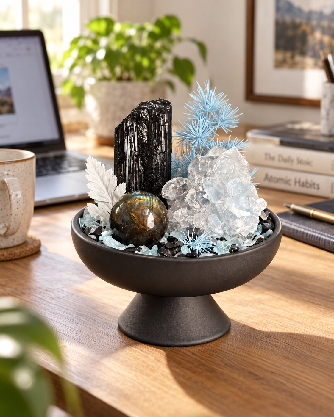 Gilded Guardian — Black Tourmaline & Clear Quartz Crystal Garden