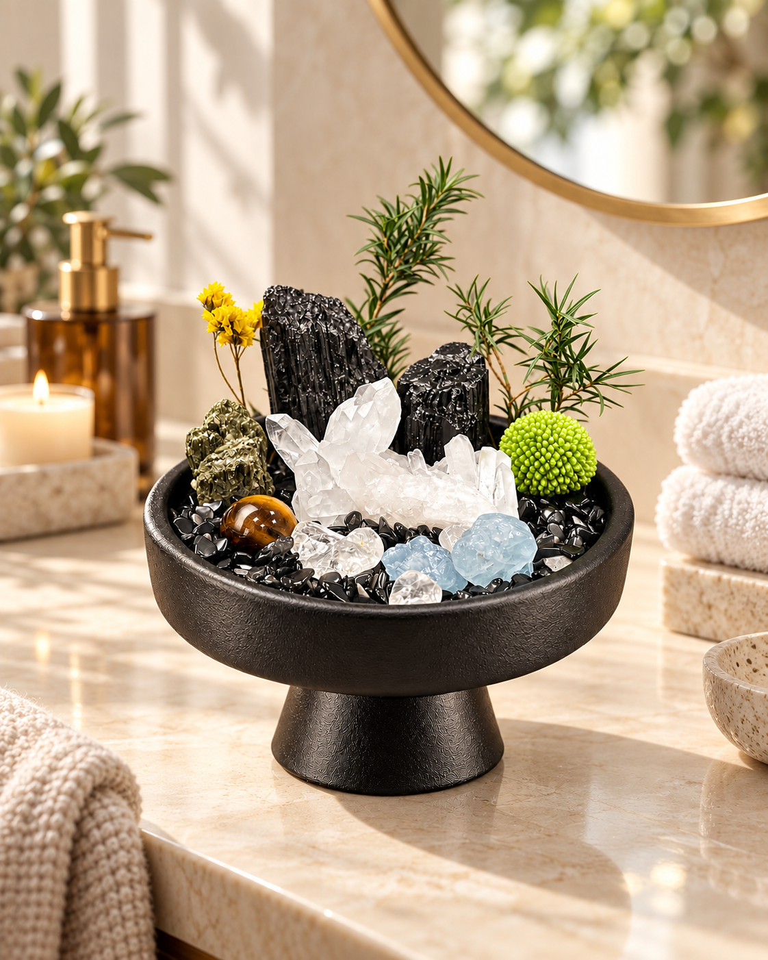 Bright Resolve — Black Tourmaline & Clear Quartz Crystal Garden