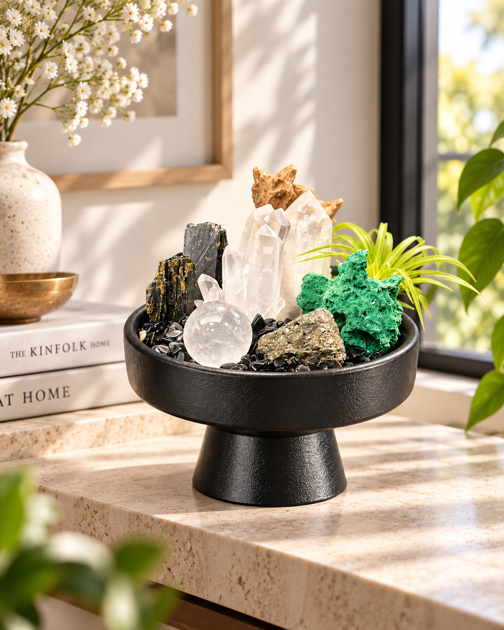 Verdant Axis — Clear Quartz & Black Tourmaline Crystal Garden