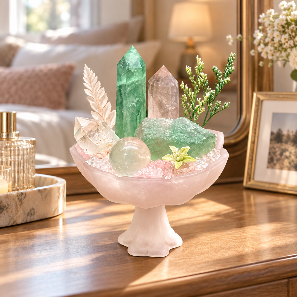Verdant Dawn — Green Fluorite & Clear Quartz Crystal Garden
