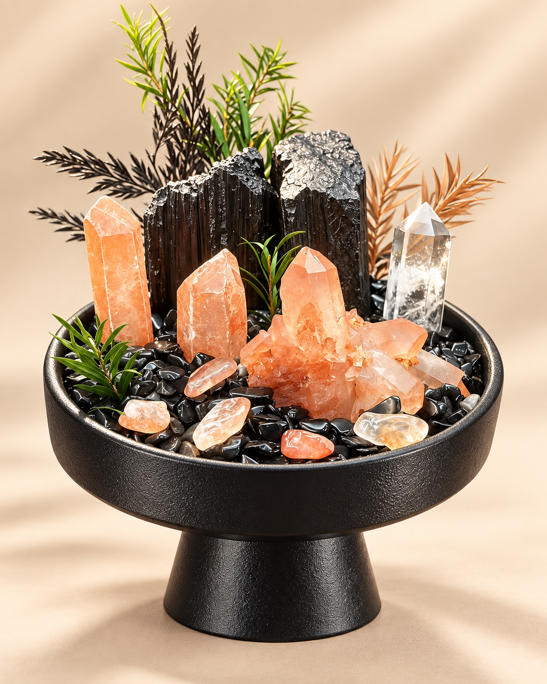 Peach Bastion — Black Tourmaline & Clear Quartz Crystal Garden