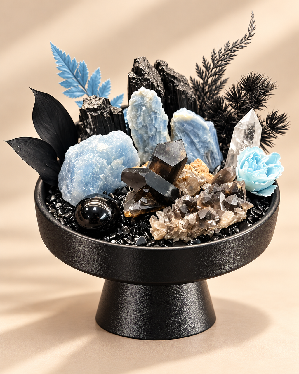 Arctic Night — Black Tourmaline & Smoky Quartz Crystal Garden
