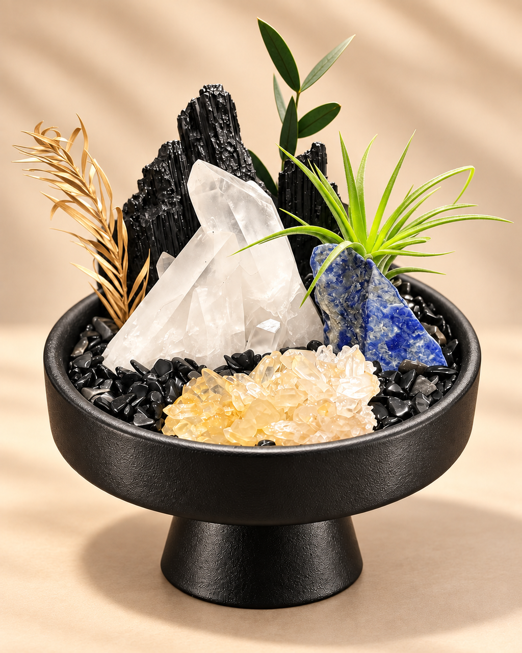 Sapphire Edge — Black Tourmaline & Clear Quartz Crystal Garden