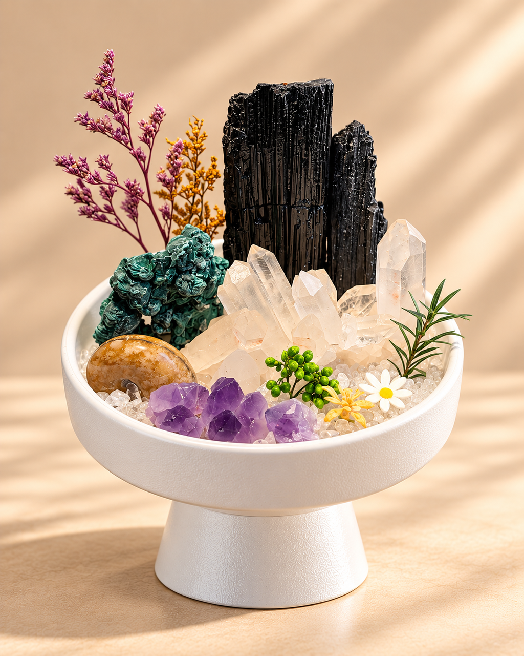 Verdant Sentinel — Black Tourmaline & Clear Quartz Crystal Garden