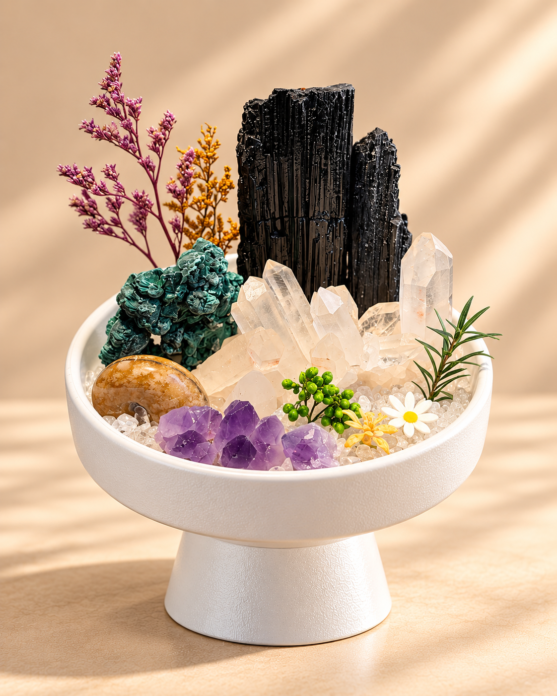 Verdant Sentinel — Black Tourmaline & Clear Quartz Crystal Garden