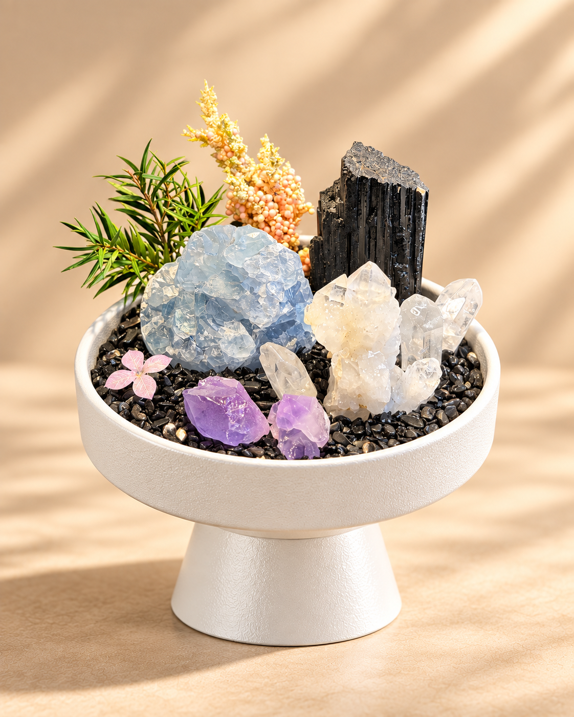 Arctic Contrast — Black Tourmaline & Clear Quartz Crystal Garden