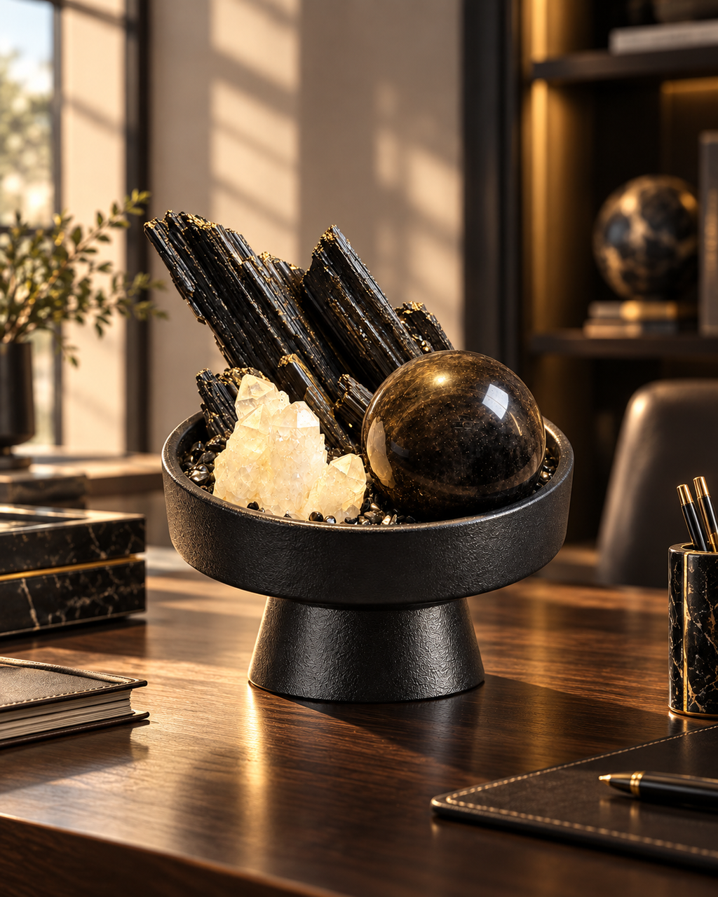 Golden Monolith — Black Tourmaline & Clear Quartz Crystal Garden