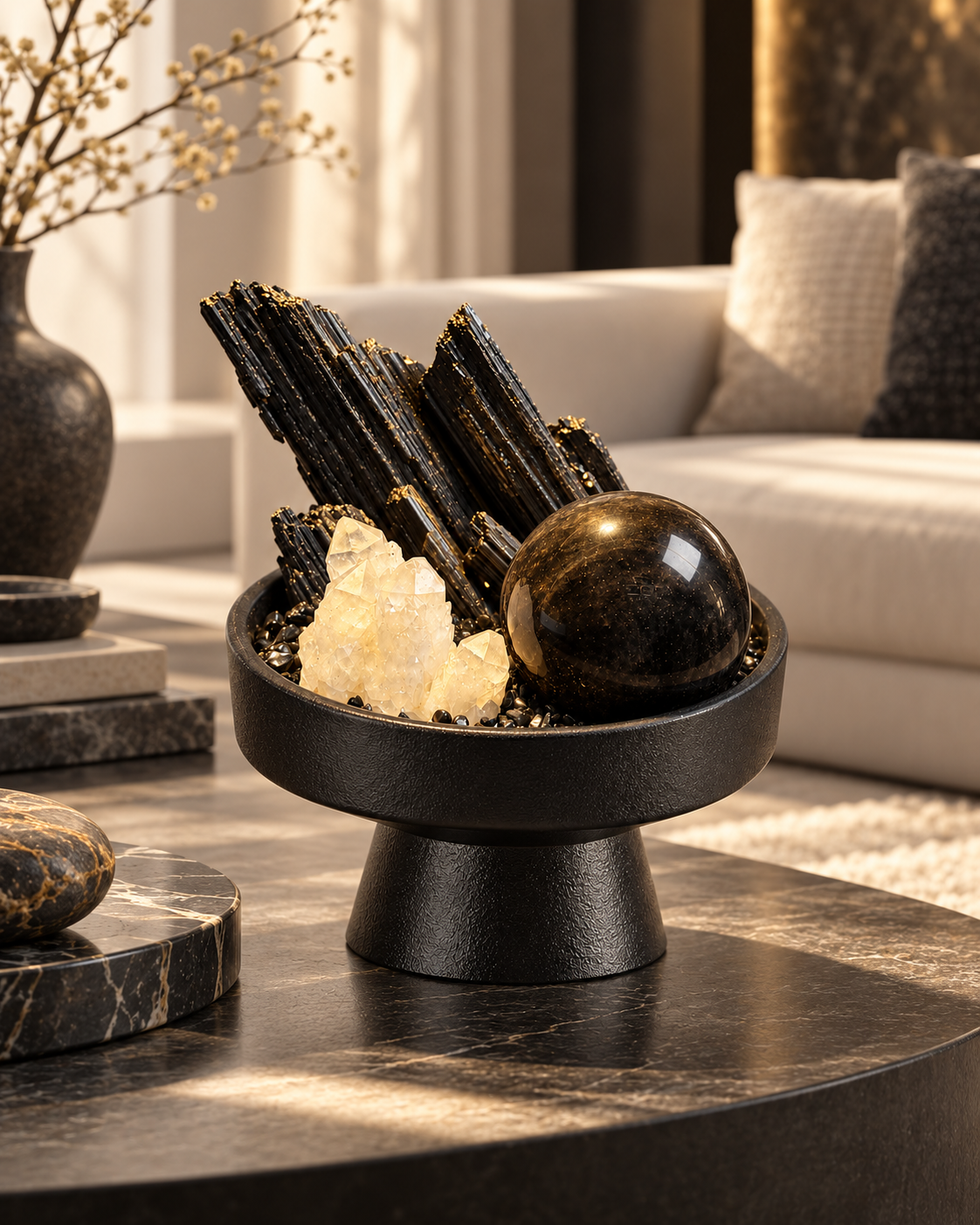 Golden Monolith — Black Tourmaline & Clear Quartz Crystal Garden