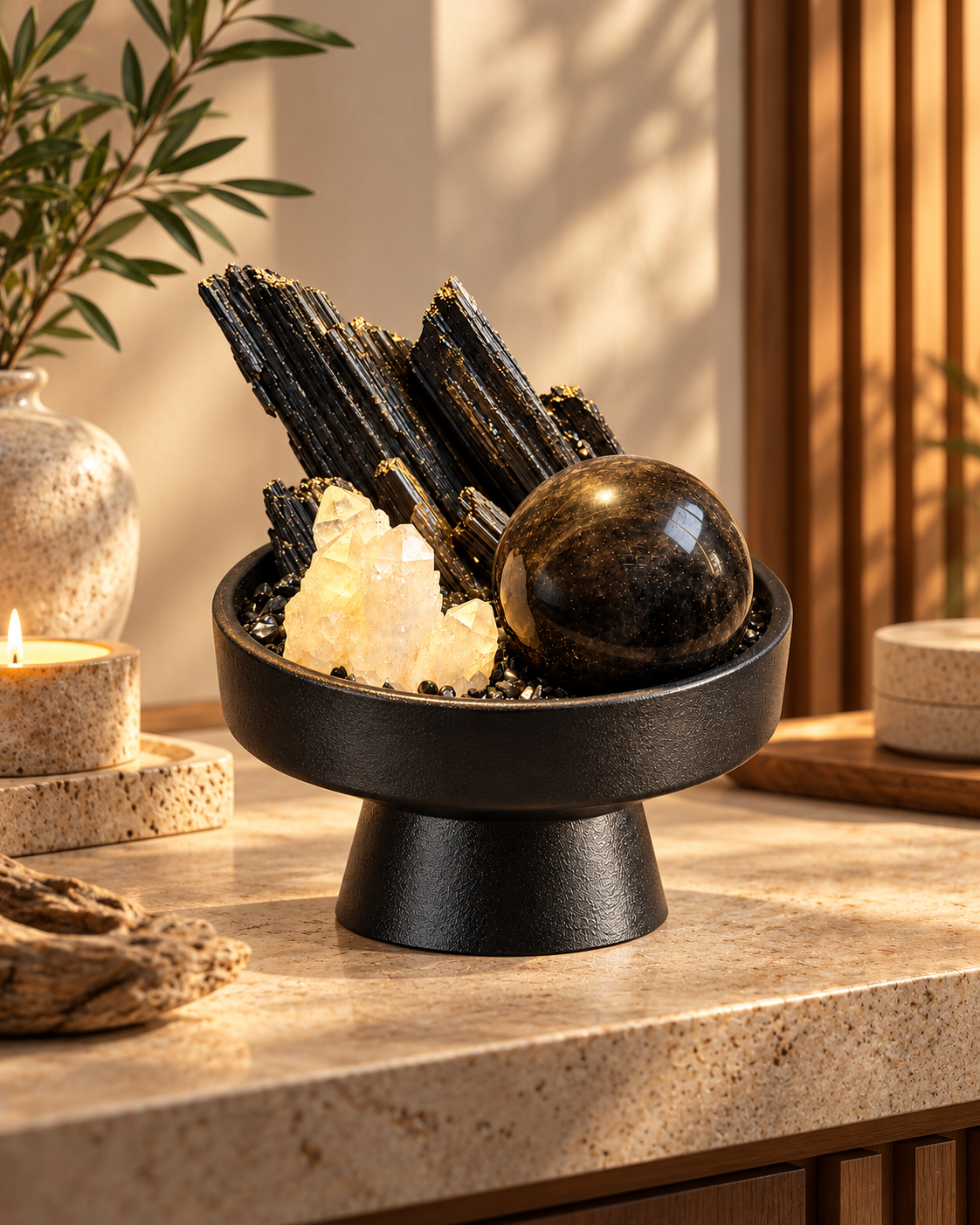 Golden Monolith — Black Tourmaline & Clear Quartz Crystal Garden