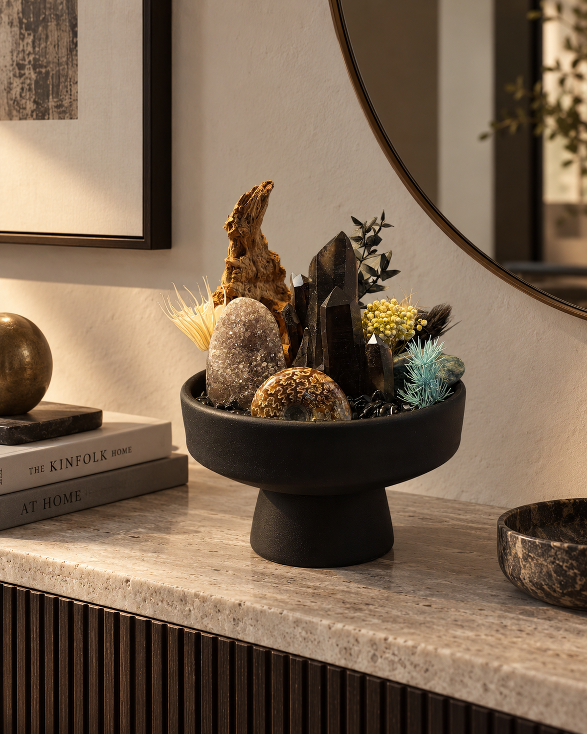 Nocturne Relic crystal garden styled on a refined entryway console