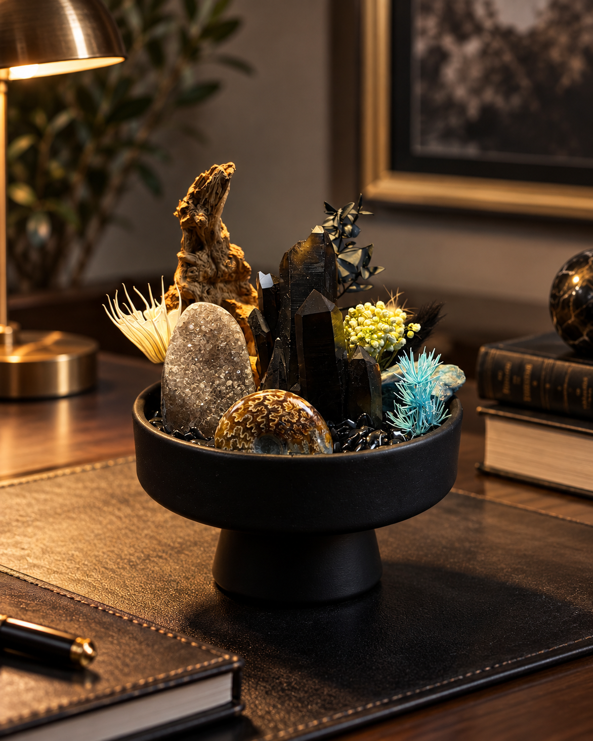 Nocturne Relic crystal garden styled on a dark executive office desk