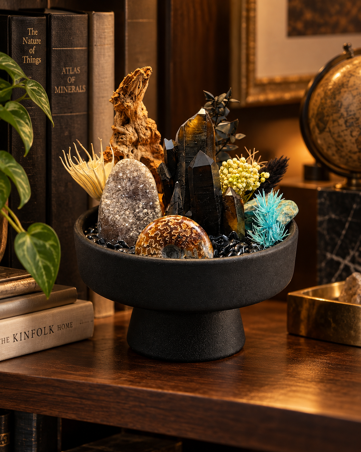Nocturne Relic crystal garden styled in a warm library with books and a globe