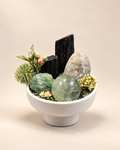 Verdant Clarity fluorite, black tourmaline, and clear quartz crystal garden on a warm ivory background
